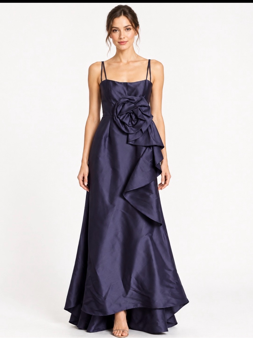 Muse by Marchesa Navy Satin Rosette Ruffle Formal Gown Size 2